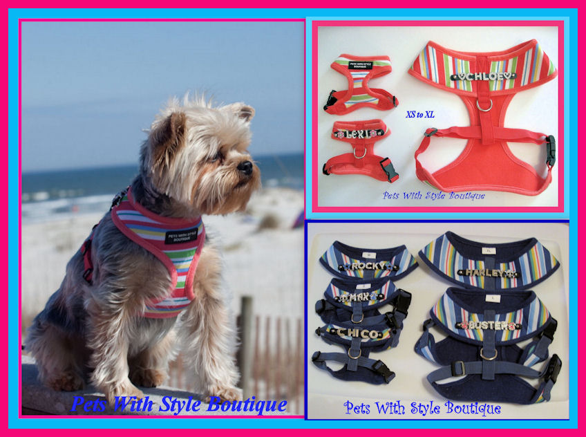 Bling Personalized Striped Dog Harness-Personalized soft dog harness striped coral blue