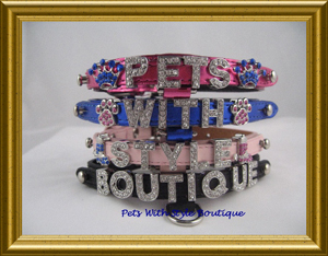 XS Bling Personalized Leather Dog Collar-Bling personalized leather dog collar, XS metallic pink, pink, metallic blue, black