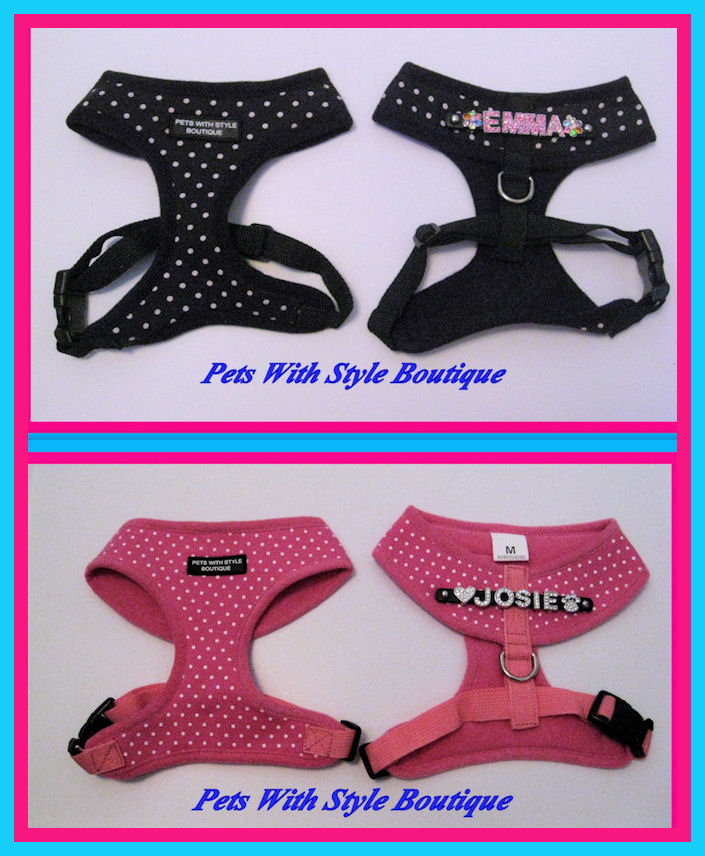 Bling Personalized Soft Dotty Dog Harness-Personalized Bling soft dotty dog harness small dogs up to 25-30 lbs Pink Black