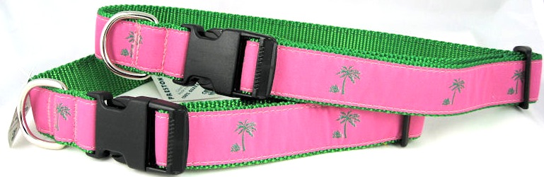 Preston Ribbon Dog Collar Palm Tree Pink & Green-Preston Palm Tree dog collar Pink green