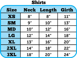 Mirage Shirt Size Chart