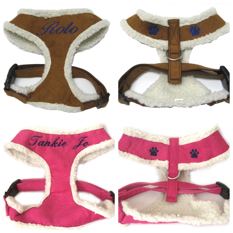 #1 Best Seller Personalized Dog Harness Faux Suede Shearling Berber Lined Custom Embroidered with Pet's Name - Chestnut or Raspberry Pink