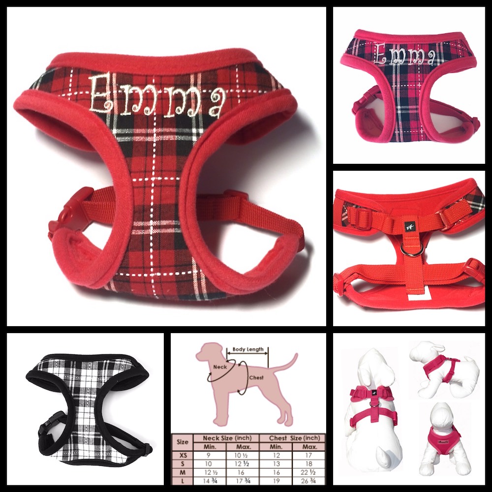 #1 Best Seller Personalized Dog Harness Plaid Adjustable Neck - Red, Hot Pink, or Black plaid,  XS-L