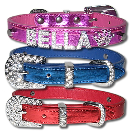 Bling Personalized Metallic Dog Collar with Rhinestone Buckle, 5/8" wide - XS, S, M , Pink, Blue, Red, Purple